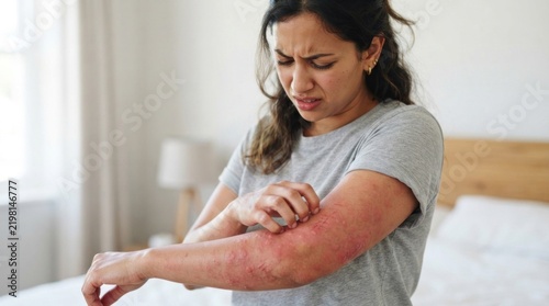 A woman with long, dark hair, wearing a gray t-shirt, is scratching her arm with a red rash. The background is a plain white wall with a wooden headboard and a white bedspread.