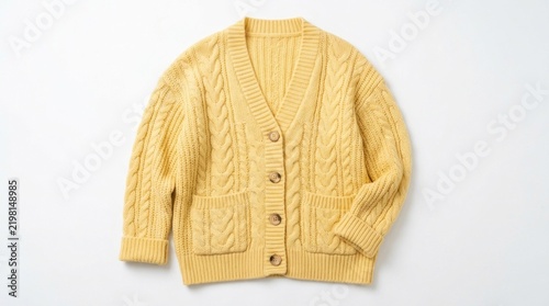 A yellow cable knit cardigan with buttons and pockets, laid flat on a white background.