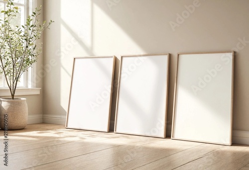 Three empty white picture frames on a cream wall with sunlight and diagonal shadows over a wooden floor, creating a warm minimalist interior mockup.