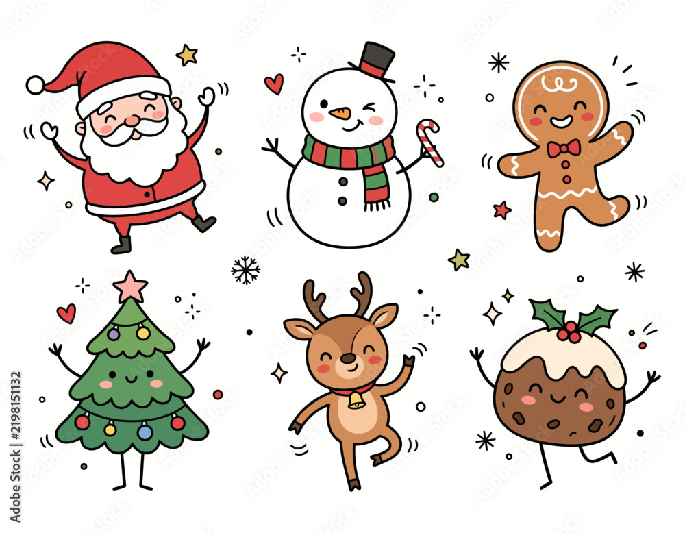 Obraz premium Cute Christmas Character Set Featuring Santa Claus, Snowman, Gingerbread Man, Reindeer, Christmas Tree, and Pudding for Festive Holiday Season Design