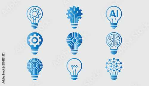 Fotografie Blue light bulb icons collection with gears circuits brain and AI designs symbol