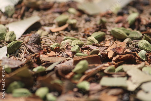 Indian spices. Indian spicy curry masala for making curry in India. Masala tea, Ayurvedic medicine used in India. Ayurveda for good health. Garam masala for meat dishes cinnamon, cardamom ,star anise.