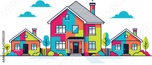 Colorful Modern Flat Vector Illustration of Suburban Residential Houses Real Estate Neighborhood Community