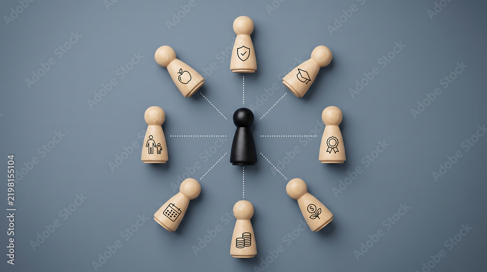 Obraz premium Life Balance Concept with Wooden Figures Representing Health, Family, Education, Security and Financial Goals