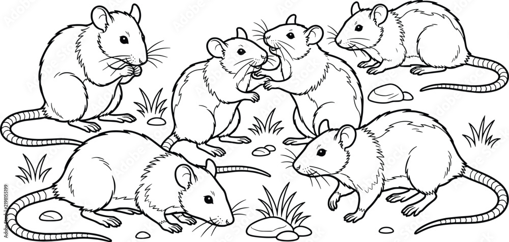 Fototapeta premium Black and white line art illustration of a group of cute interacting rats for kids coloring book page