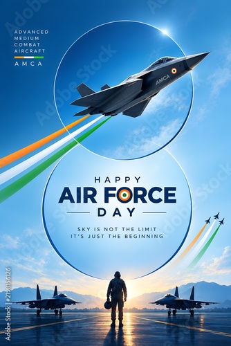 Happy Indian Air Force Day Poster with Fighter Jet and Tricolor Trail