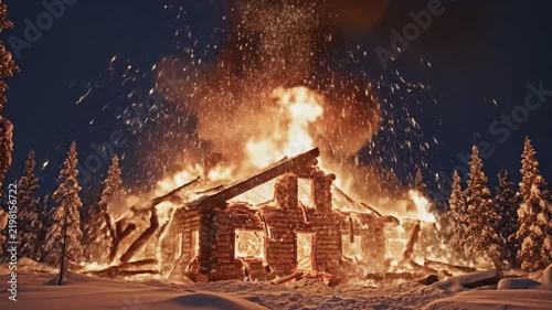 Wooden cabin burns brightly in winter night with smoke rising from roof in the forest