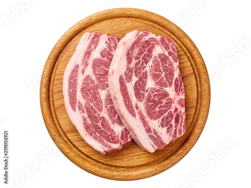 Raw Marbled Pork Shoulder Slices on Wooden Cutting Board, Isolated on Transparent Background