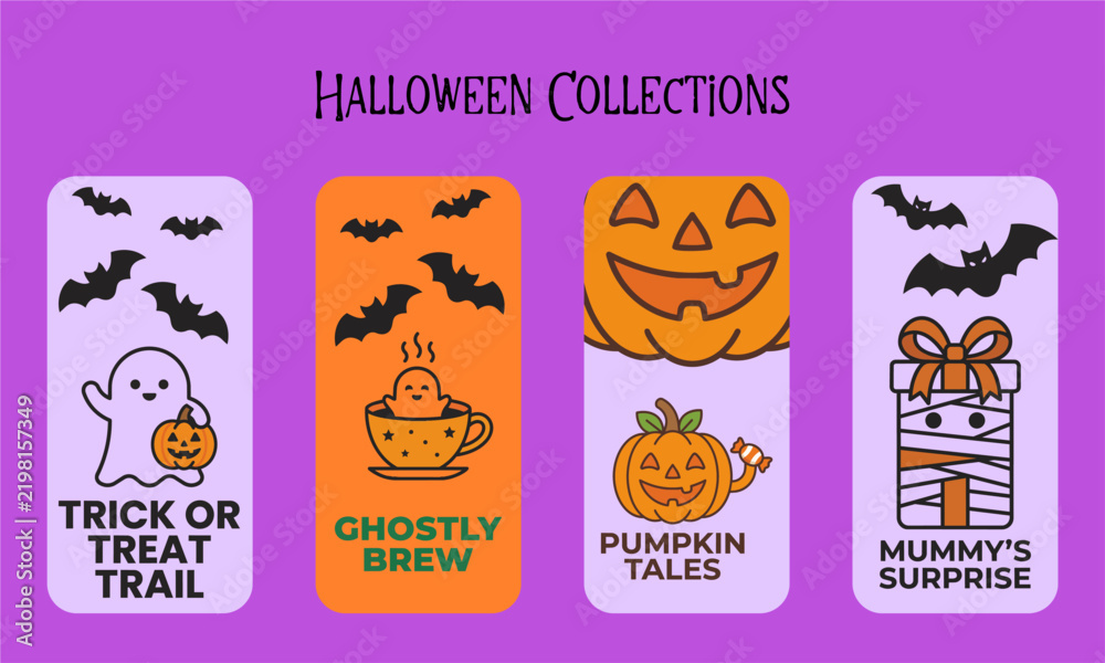 Fototapeta premium Set of four vertical Halloween bookmarks banners featuring cute ghost, coffee cup brew, pumpkin face, and surprise mummy vector illustrations