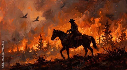 Silhouette of a cowboy on horseback against a dramatic fiery sunset landscape