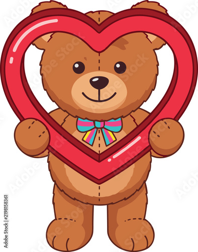 Cute Standing Teddy Bear Cartoon Character Holding Big Red Heart Frame Vector Illustration