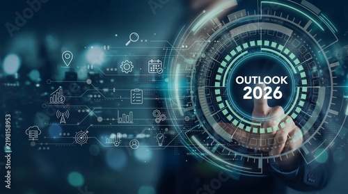 Outlook 2026. Business and economic forecast with futuristic digital interface, trend icons and strategic insights for future market planning.
