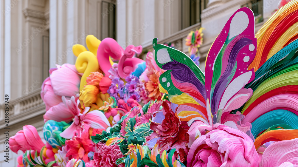 Obraz premium Vibrant Floral and Butterfly Decorations Celebrating the Artistic Spirit of the Carnaval de San Miguel Street Parade Festivities in a City Setting