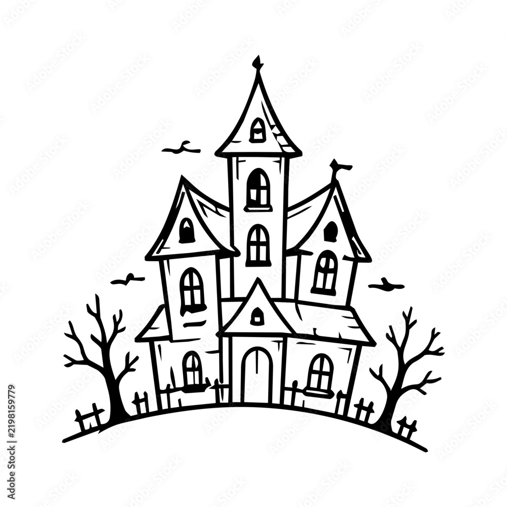 Fototapeta premium Hand Drawn Haunted House Halloween Spooky Mansion Line Art Illustration
