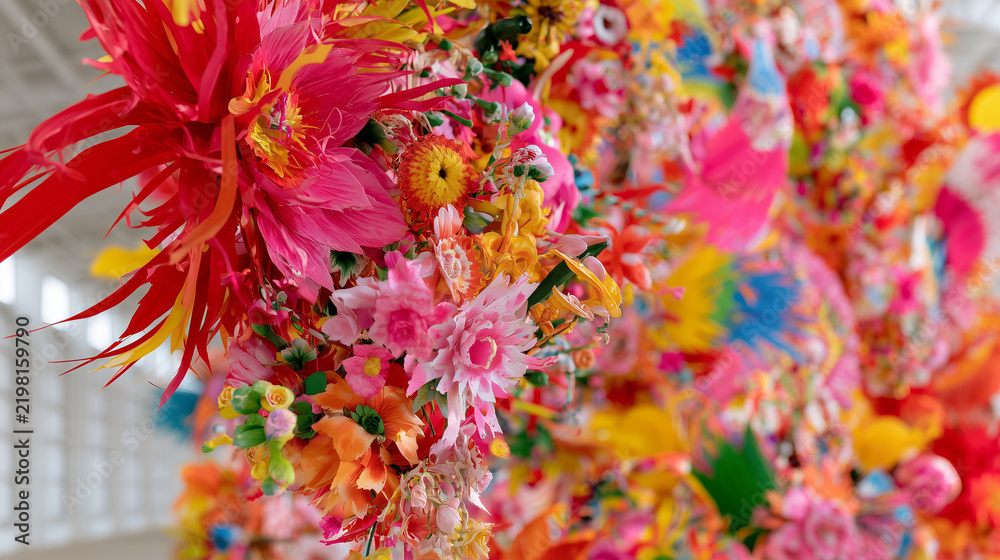 Obraz premium Vibrant Floral Display Celebrating the Spirit of the Carnaval de San Miguel Featuring Colorful Artificial Flowers and Festive Artistic Craftsmanship