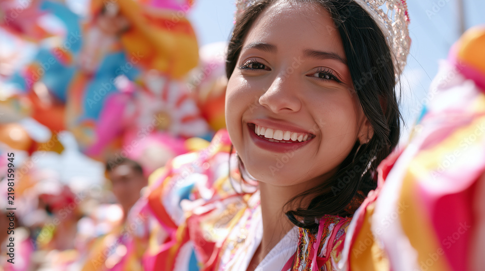 Obraz premium Cheerful Young Woman Wearing a Decorative Crown Celebrating at the Vibrant Carnaval de San Miguel Parade Under a Bright Sunny Sky
