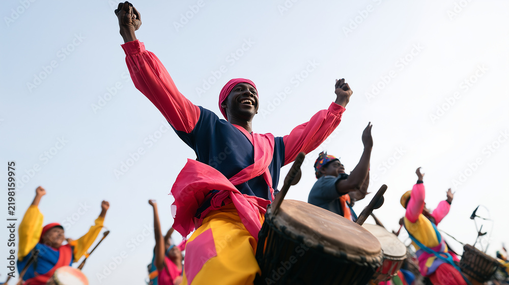 Fototapeta premium Energetic African Drummers Celebrating Joyful Rhythms at the Vibrant Carnaval de San Miguel Cultural Parade with Traditional Music and Colorful Performance Art