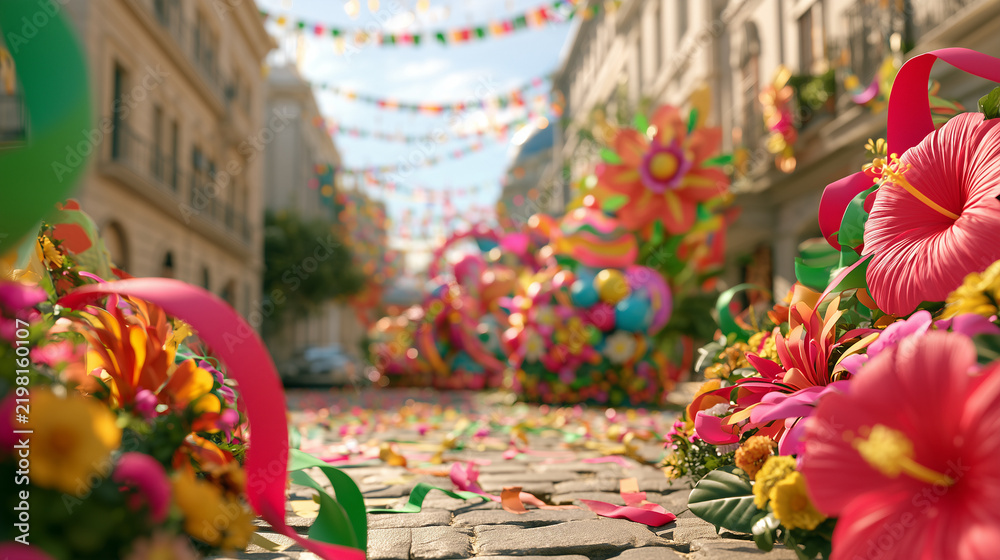 Fototapeta premium Colorful Floral Decorations and Festive Street Bunting Celebrating the Vibrant Carnaval de San Miguel Spirit in a Historic City Center Paved Street