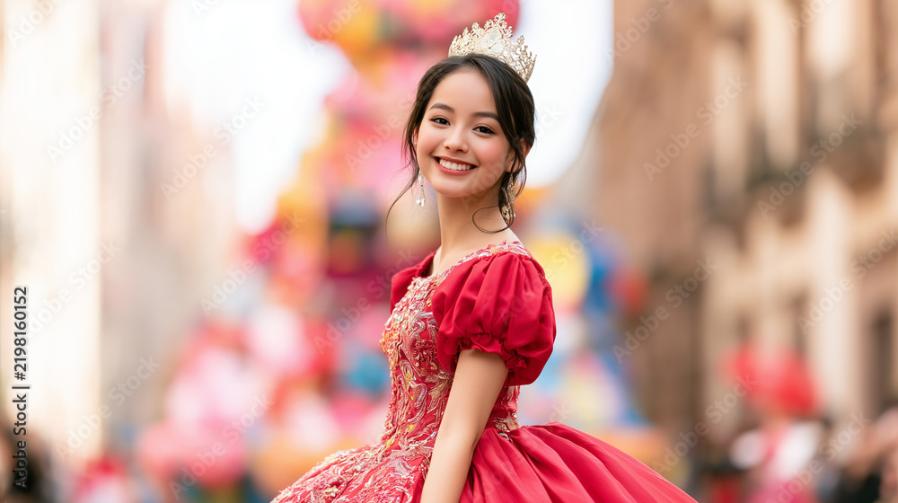 Obraz premium Beautiful Young Girl Wearing a Royal Tiara and Elegant Red Gown Celebrating at the Vibrant and Festive Annual Carnaval de San Miguel Parade