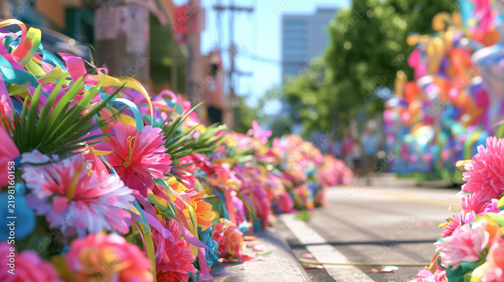 Fototapeta premium Vibrant Floral Decorations Lining The Streets During The Lively And Colorful Annual Carnaval de San Miguel Celebration In El Salvador