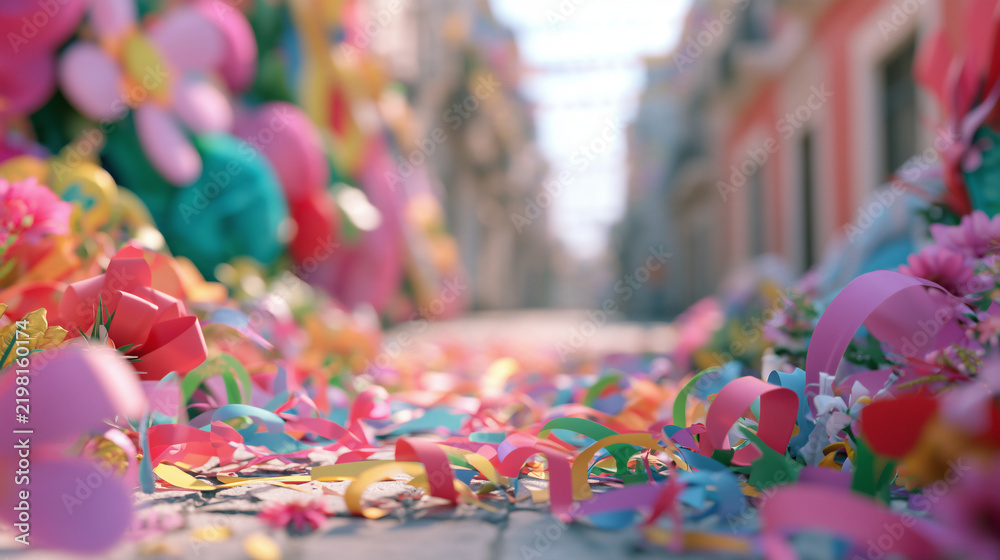 Obraz premium Vibrant Festive Street Decorations Featuring Colorful Paper Flowers and Confetti Ribbons Inspired by the Joyful Atmosphere of Carnaval de San Miguel
