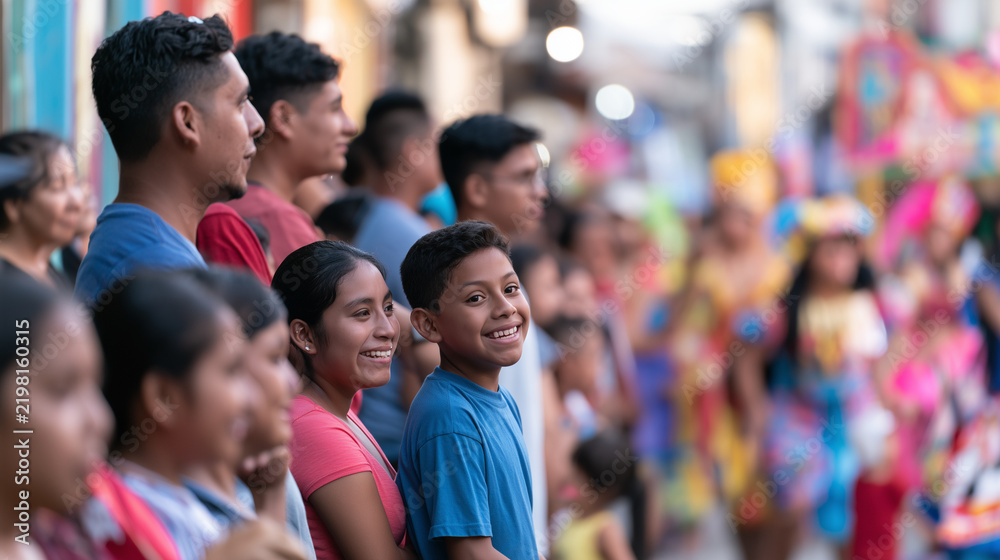 Obraz premium Diverse Crowd of Joyful People Watching the Lively and Vibrant Street Parade During the Annual Carnaval de San Miguel Cultural Celebration Event