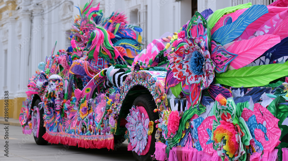 Obraz premium Vibrant and Elaborate Float Decorated with Colorful Flowers and Feathers Participating in the Traditional Cultural Celebration of the Carnaval de San Miguel