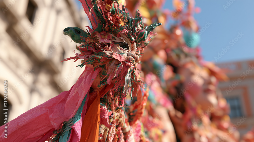 Obraz premium Vibrant Decorations and Colorful Details Capture the Festive Spirit of the Traditional Carnaval de San Miguel Celebration in an Urban Setting