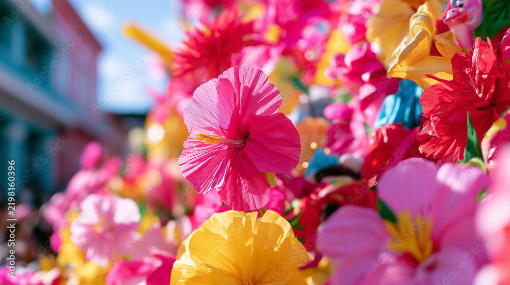 Fototapeta premium Vibrant Floral Decorations Adorning The Colorful Celebration Of The Famous Carnaval de San Miguel With Tropical Flowers In A Festive Outdoor Setting