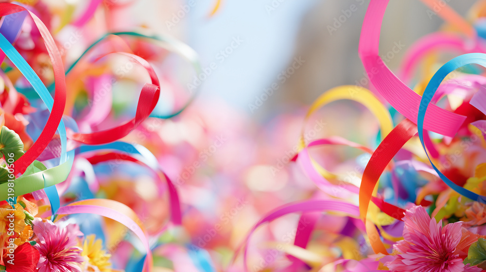 Obraz premium Vibrant Festive Atmosphere Captured at the Carnaval de San Miguel Featuring Colorful Cascading Ribbons and Floral Decorations in a Joyous Celebration