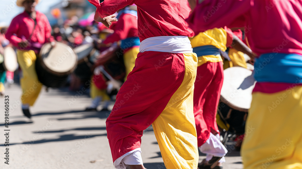 Obraz premium Vibrant Dancers and Musicians Celebrating the Colorful Tradition of the Carnaval de San Miguel During a Lively Outdoor Cultural Street Parade Event