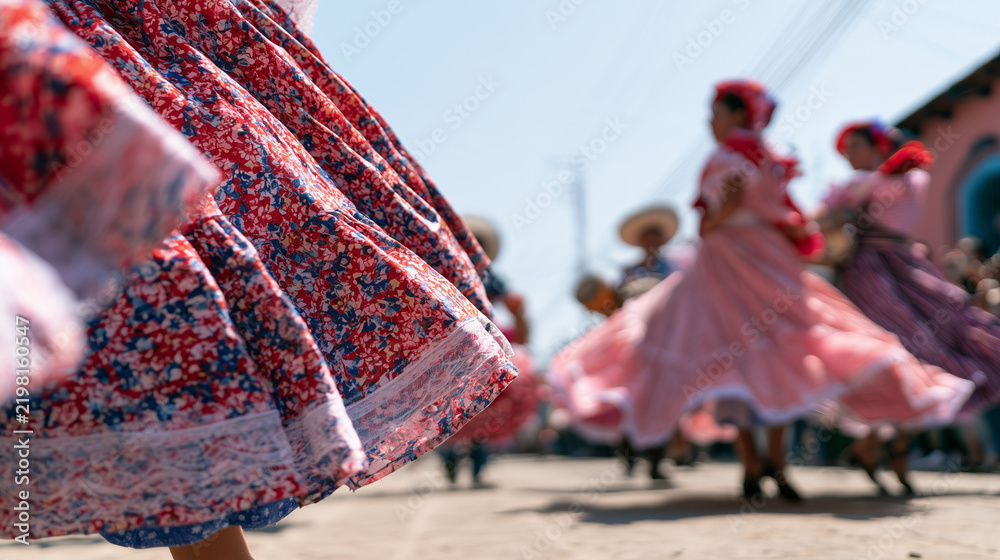 Obraz premium Vibrant Dancers Wearing Traditional Colorful Dresses Performing During the Lively and Festive Cultural Celebration of Carnaval de San Miguel Outdoors
