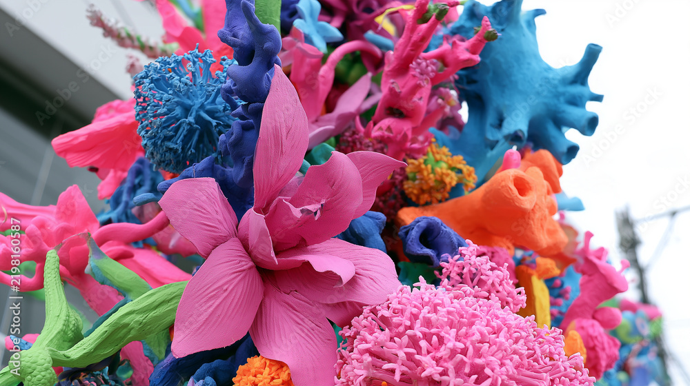 Obraz premium Vibrant Sculptural Floral Display Inspired by the Artistic Spirit of the Carnaval de San Miguel Featuring Vivid Colors and Intricate Botanical Textures