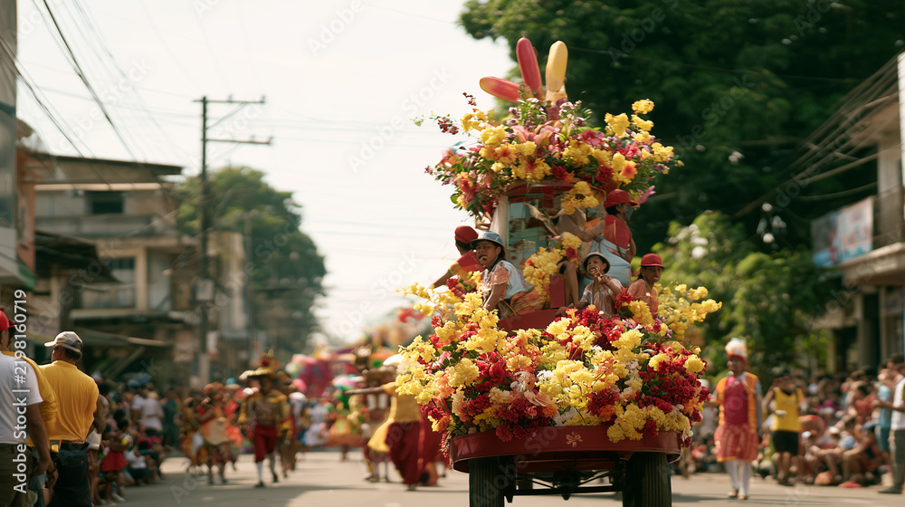 Obraz premium The vibrant and colorful traditional street parade of the Carnaval de San Miguel showcasing festive floral floats and cultural dance performances in the city