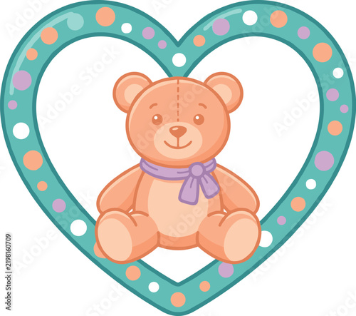 Cute Teddy Bear Cartoon Character Inside Polka Dot Heart Frame Vector Illustration
