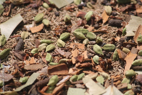 Indian spices. Indian spicy curry masala for making curry in India. Masala tea, Ayurvedic medicine used in India. Ayurveda for good health. Garam masala for meat dishes cinnamon, cardamom ,star anise.