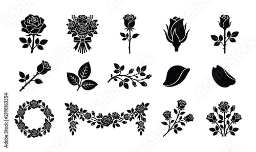 Rose silhouette icons set, floral elements, for decorative design