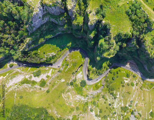 Stunning aerial image of the fabulous Cheddar Gorge cliffs and deep ravine in Somerset, England