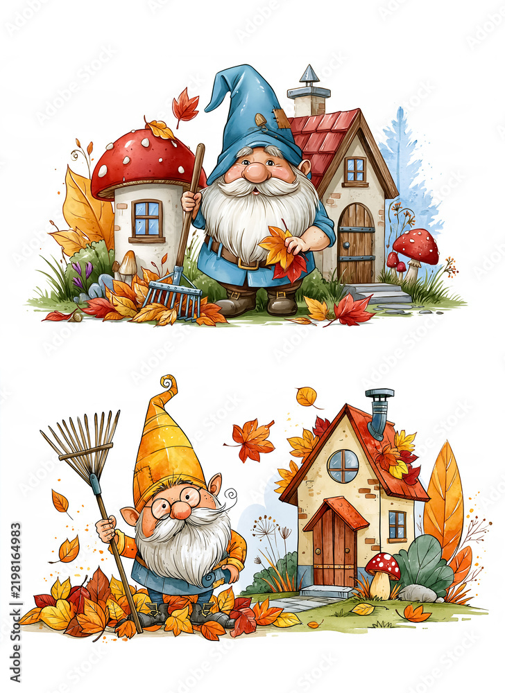 Obraz premium Adorable cartoon drawn gnome with a rake autumn leaves house on a white background