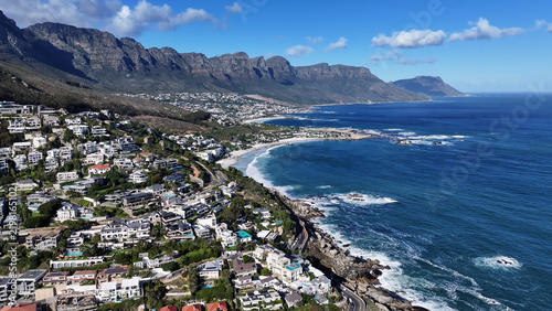 Camps Bay Beach At Cape Town In Western Cape South Africa. Table Mountain Landmark. Downtown Buildings. Cape Town At Western Cape South Africa. Tourism Travel. Coast City Skyline.