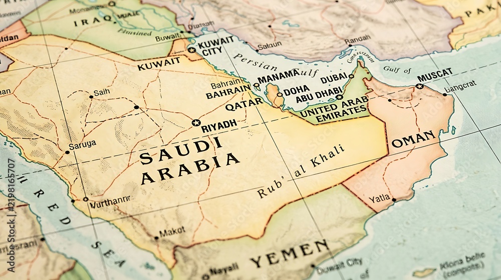 Fototapeta premium Saudi Arabia map highlights the geography and borders of the Arabian Peninsula region.