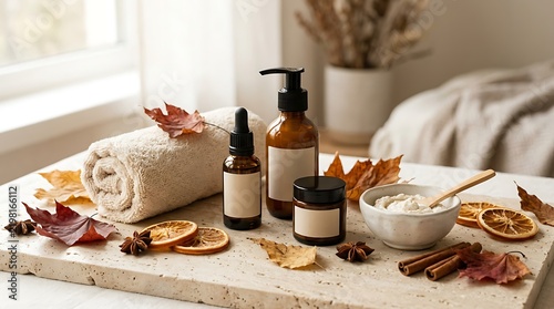 Wellness products and organic ingredients arranged on a modern bathroom countertop with soft natural lighting