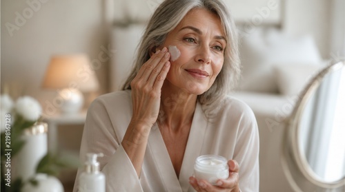 Mature woman applying skincare cream to her face in a cozy bedroom setting with soft lighting