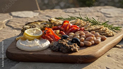 Grilled artichokes, blistered red peppers, white beans, lemon, olive spread and creamy dip form a rustic plant based appetizer platter on carved wood beneath warm Mediterranean outdoor sunlight