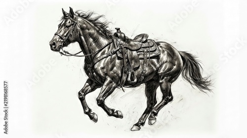 Monochrome Drawing of Saddled Horse Galloping on White Background