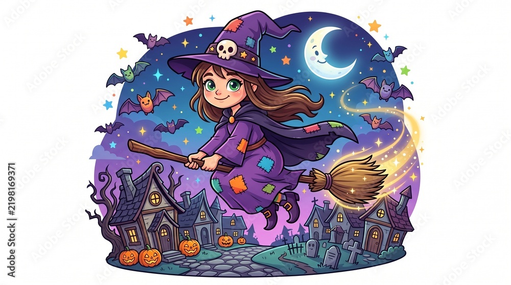 Fototapeta premium Cartoon witch flying on broomstick over autumn forest at night with glowing jack-o'-lanterns