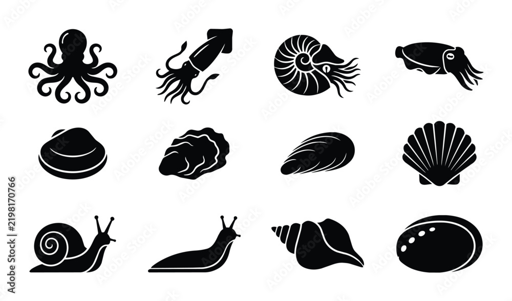 Obraz premium Seafood Icons Set: Marine Life Vector Graphics, Mollusk and Cephalopod Silhouettes for Culinary Design