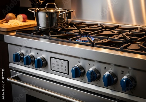 Professional gas range with pot on lit burner, kitchen preparation in background.