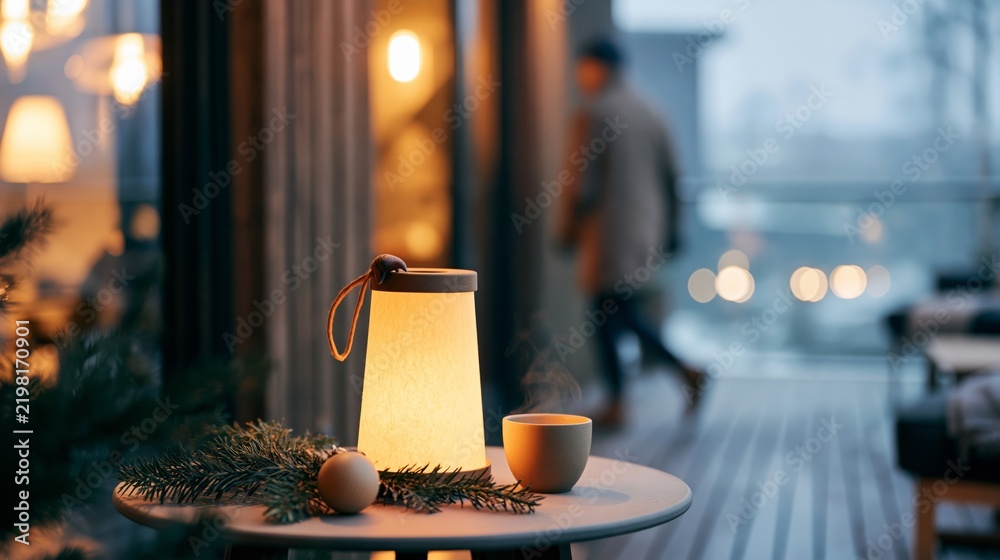 Obraz premium Luxury Christmas Balcony at Blue Hour with Lantern, Evergreen Branch and Steaming Cup, Premium Winter Travel Advertising Photography