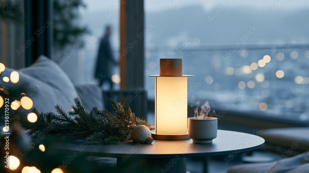 Naklejka premium Luxury Christmas Balcony at Blue Hour with Lantern, Evergreen Branch and Steaming Cup, Premium Winter Travel Advertising Photography